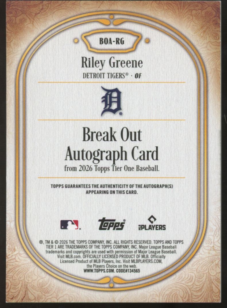 2026 Topps Tier One Riley Greene Break Out Red Foil Auto /15 #BOA-RG