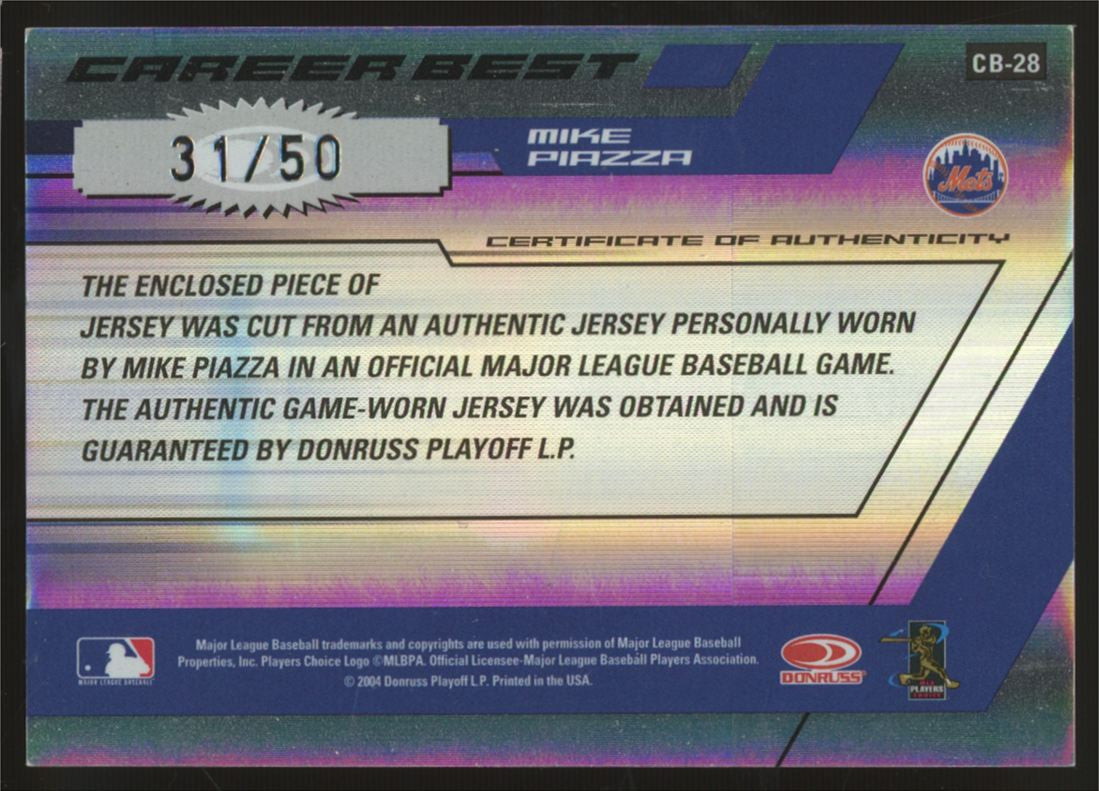 2004 Donruss Elite Mike Piazza Career Best Patch Black /50 #CB-28