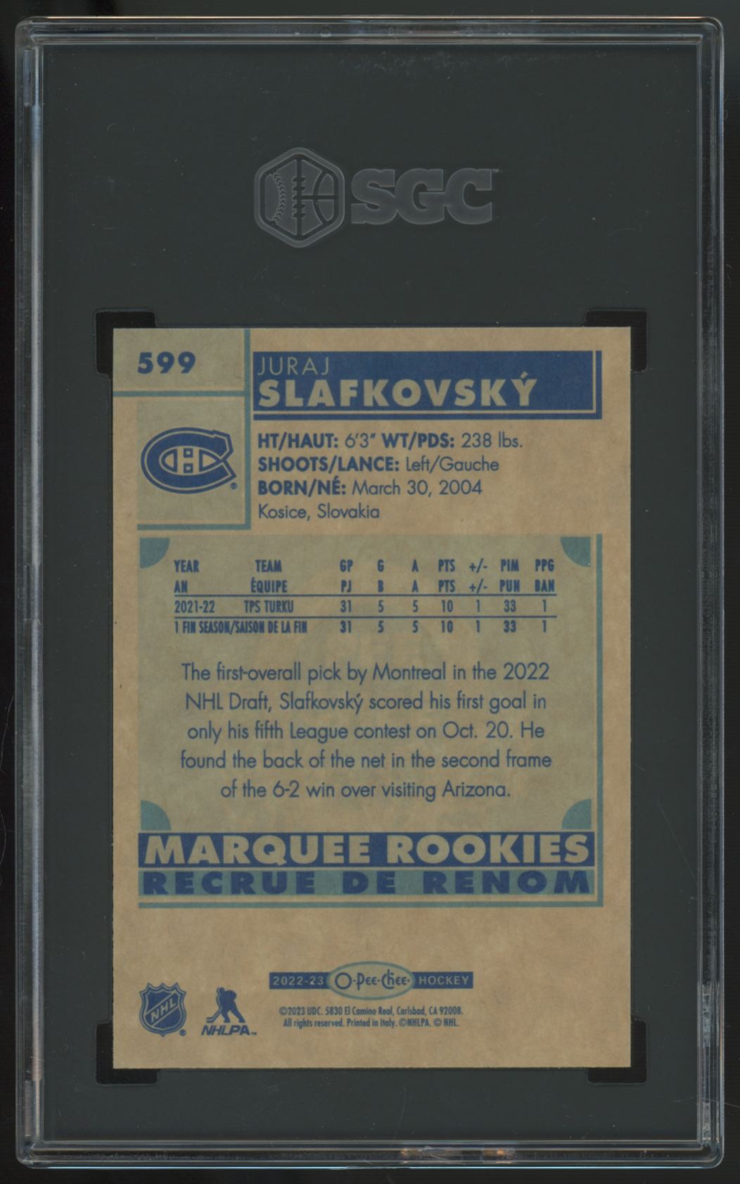 2022-23 O-Pee-Chee Juraj Slafkovsky RC Retro #599 SGC 4