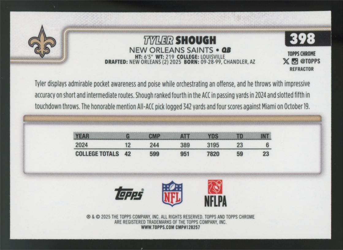 2025 Topps Chrome Tyler Shough RC Silver Refractor #398