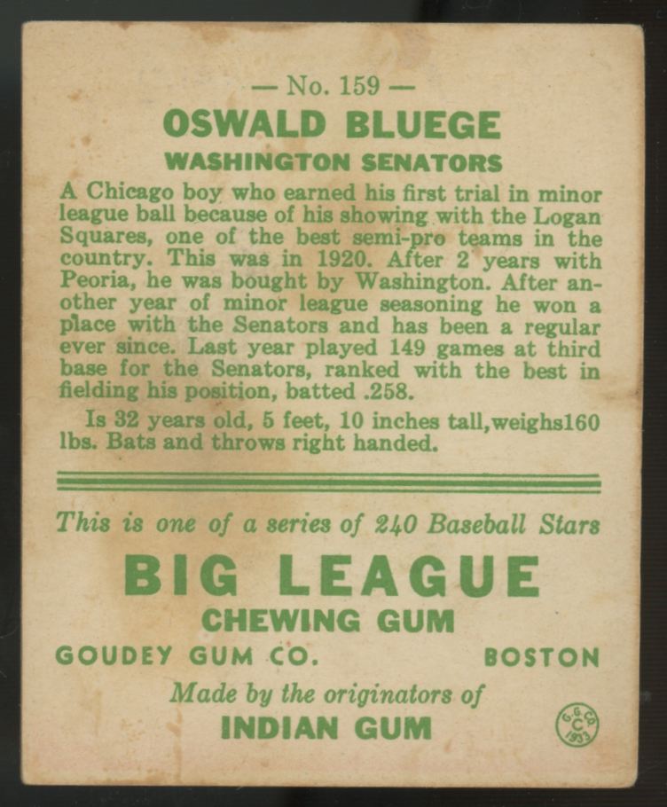 1933 Goudey Oswald Bluege #159 VG+