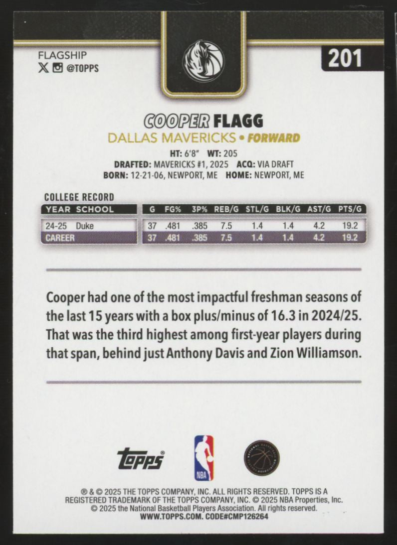 2025-26 Topps Flagship Cooper Flagg RC Blackout #201