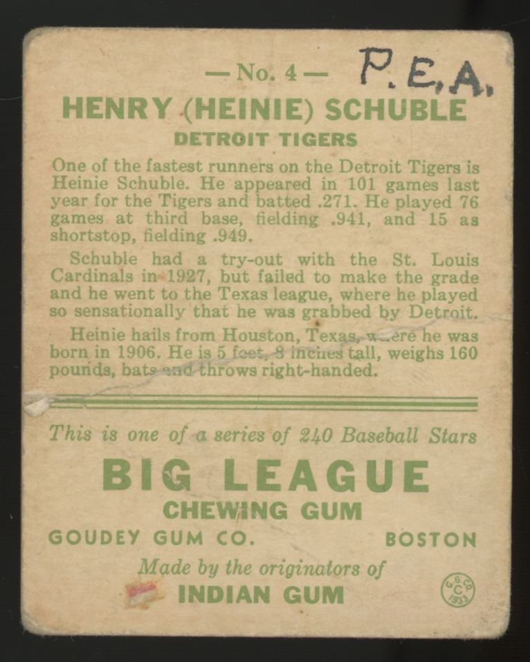 1933 Goudey Henry "Heinie" Schuble #4 Poor (MK)