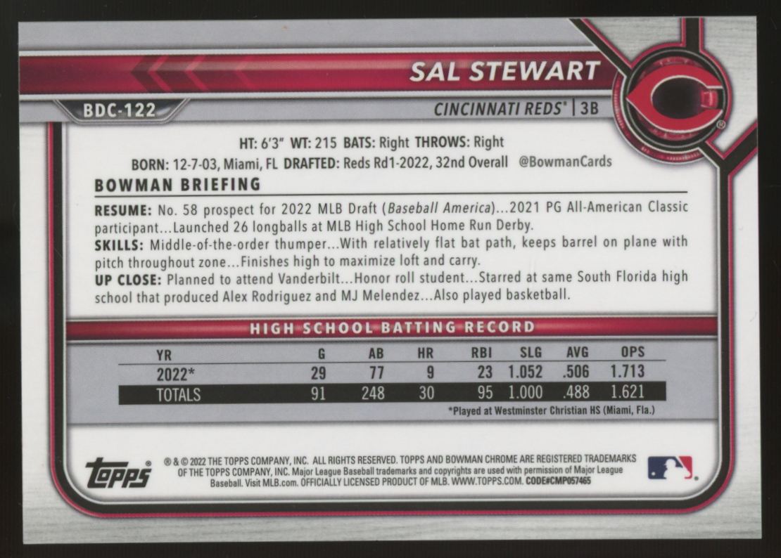 2022 Bowman Draft Chrome Sapphire Sal Stewart 1st Orange /25 #BDC-122