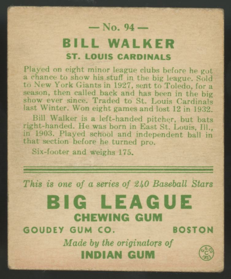 1933 Goudey Bill Walker #94 G/VG