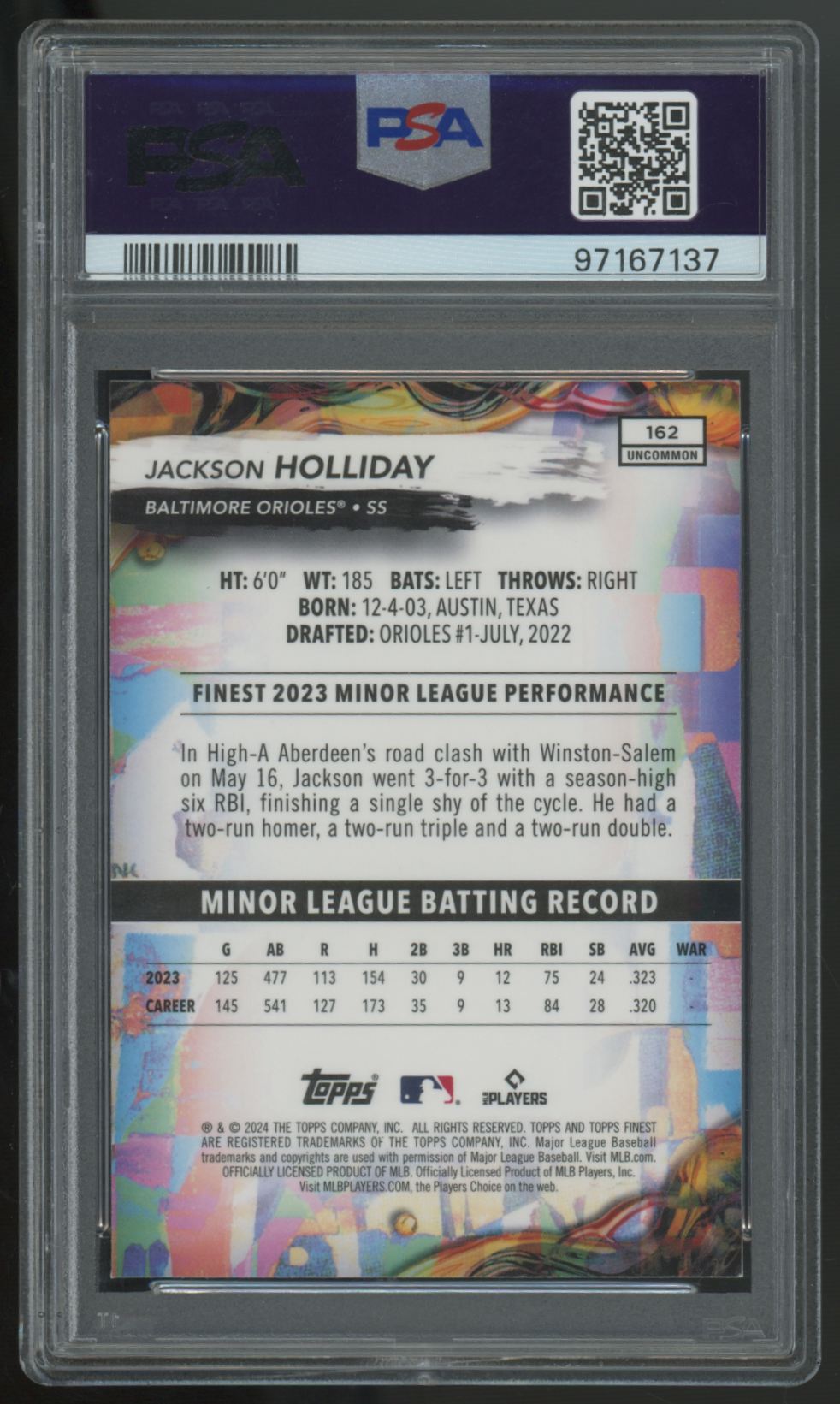 2024 Topps Finest Jackson Holliday RC Uncommon #162 PSA 10