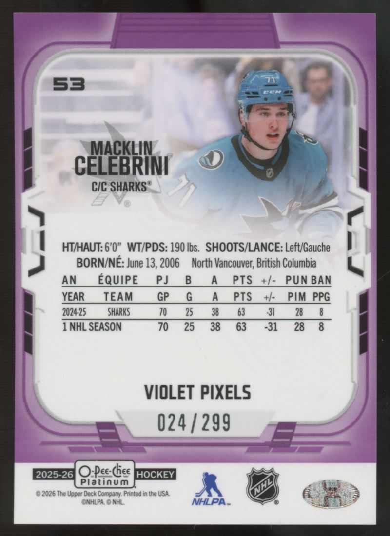 2025-26 O-Pee-Chee Platinum Macklin Celebrini Violet Pixels /299 #53