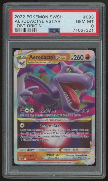 2022 Pokemon Aerodactyl VSTAR Lost Origin Holo #093 PSA 10