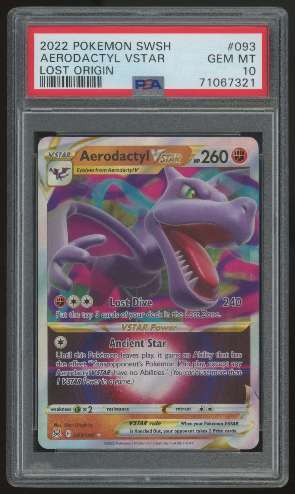 2022 Pokemon Aerodactyl VSTAR Lost Origin Holo #093 PSA 10