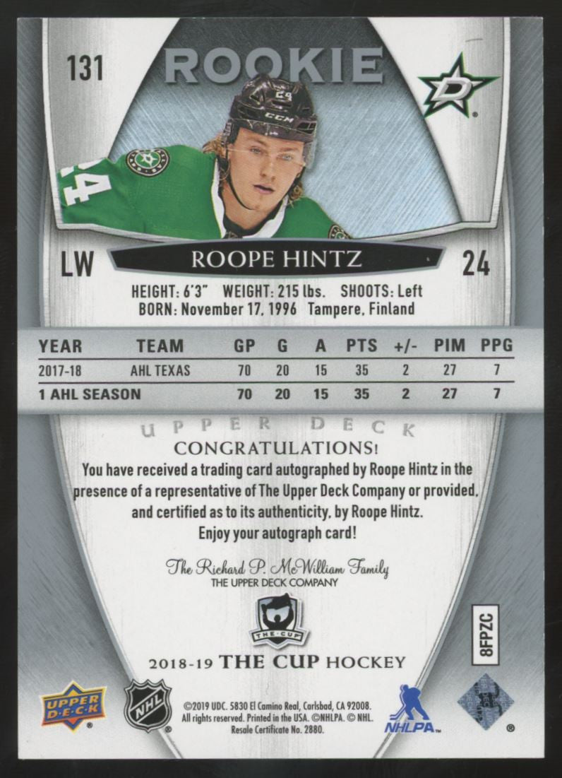 2018-19 The Cup Roope Hintz RC Rookie Auto /249 #131