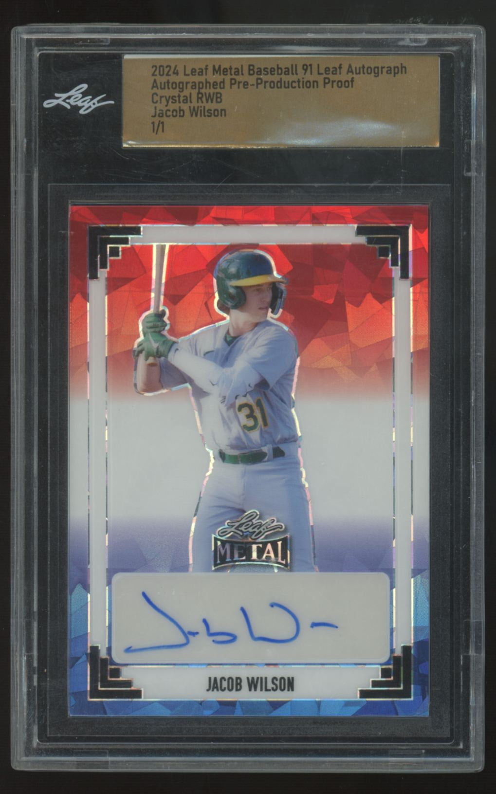 2024 Leaf Metal Jacob Wilson Crystal Red/White/Blue Auto Pre Prod. Proof 1/1