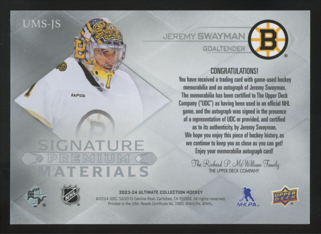 2023-24 Upper Deck Ultimate Jeremy Swayman Premium Patch Auto #UMS-JS