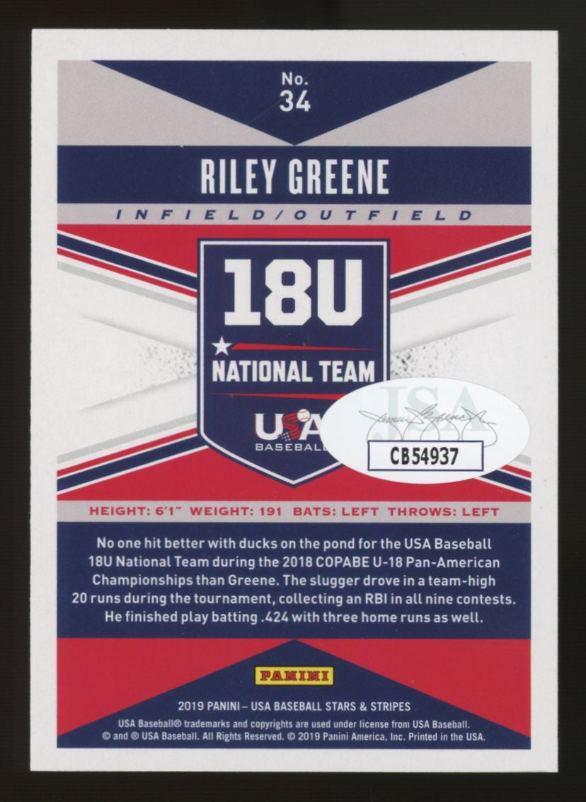 2019 USA Stars & Stripes Riley Greene Longevity #34 Signed Auto JSA