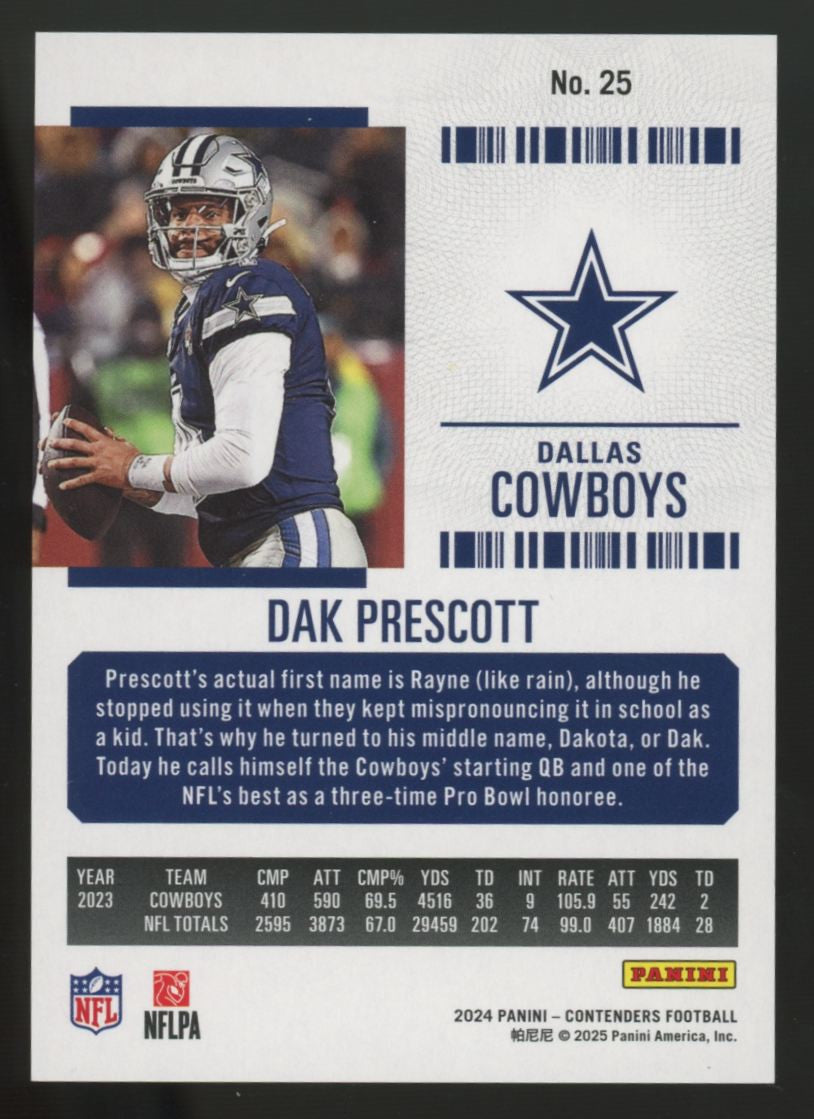 2024 Panini Contenders Dak Prescott Goal Line Season Ticket /5 #25