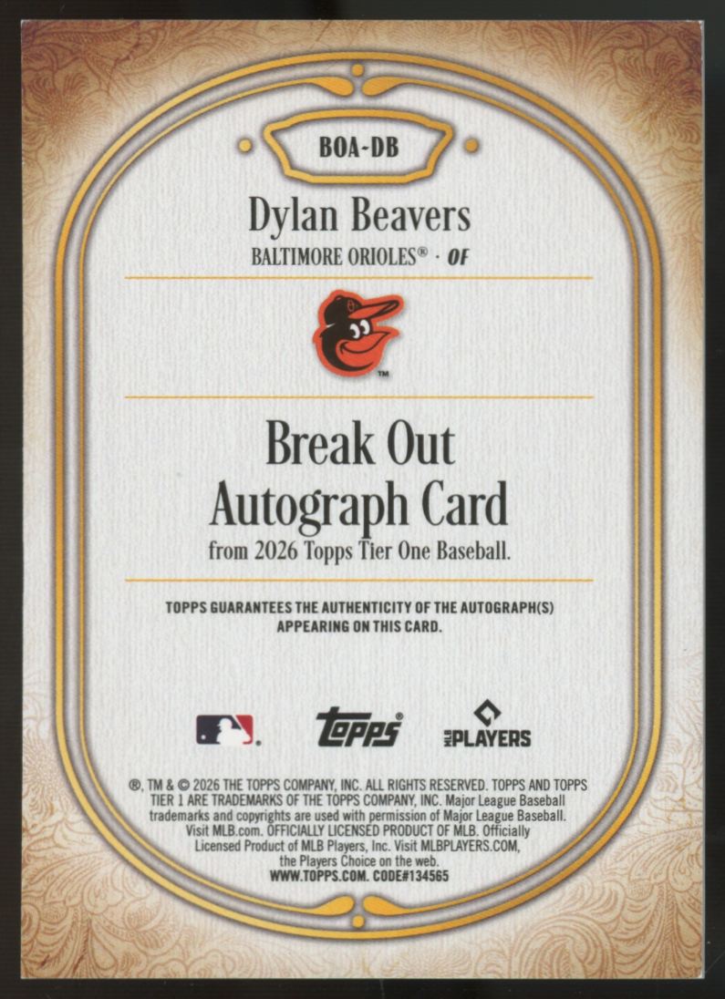 2026 Topps Tier One Dylan Beavers RC Green Emerald Auto /49 #BOA-DB