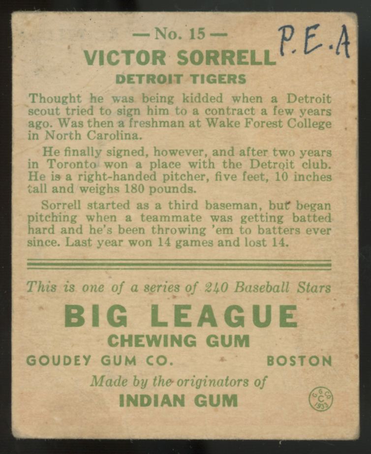 1933 Goudey Victor Sorrell #15 F/G (MK)