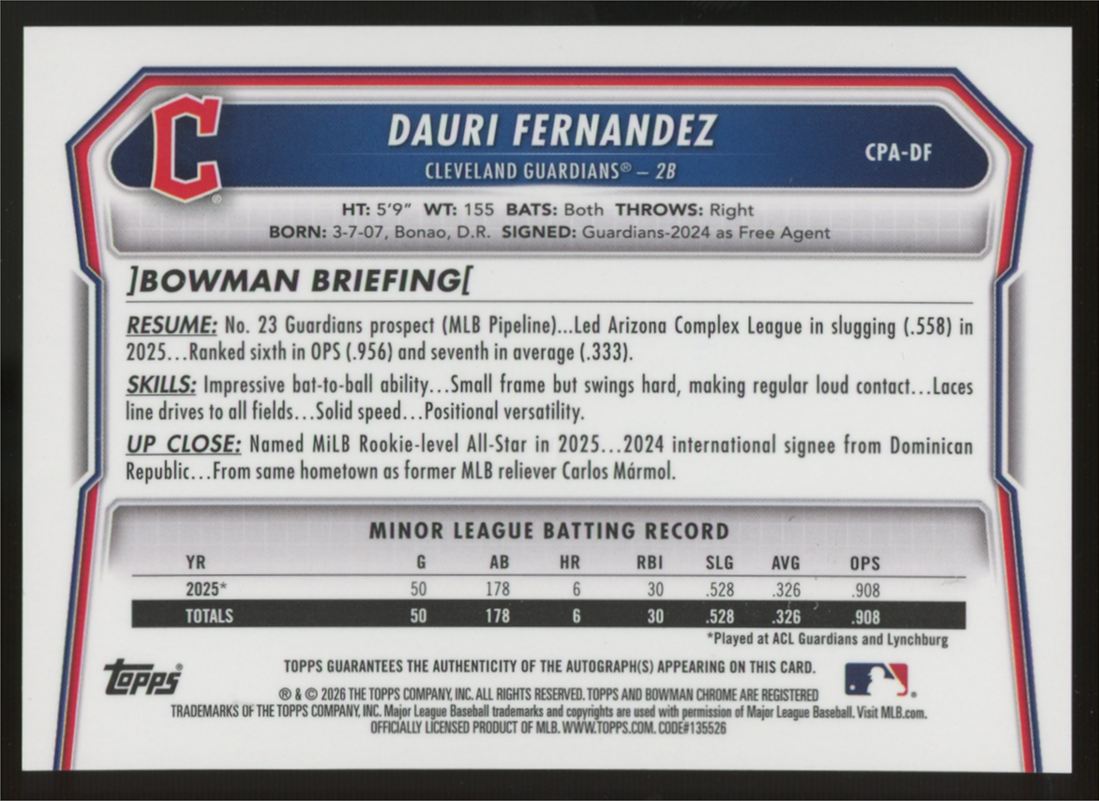 2026 Bowman Chrome Dauri Fernandez 1st Orange X-Fractor Auto /25 #CPA-DF