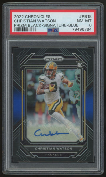 2022 Chronicles Prizm Black Christian Watson RC Blue Auto /25 #PB-18 PSA 8