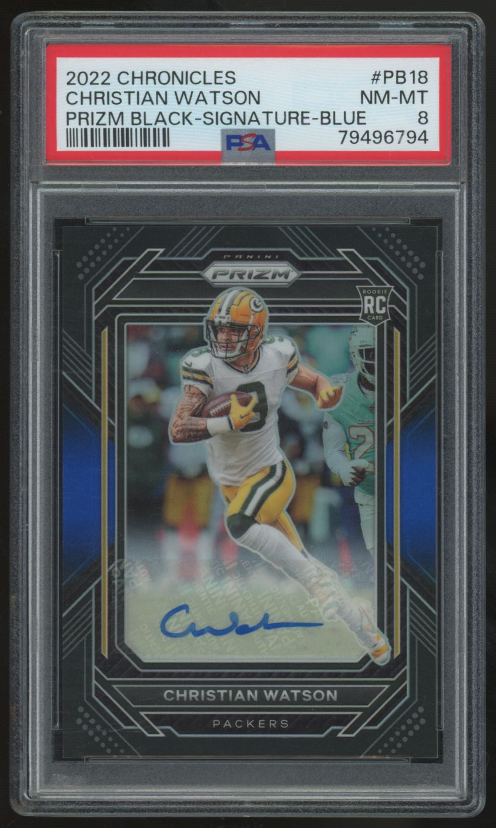 2022 Chronicles Prizm Black Christian Watson RC Blue Auto /25 #PB-18 PSA 8