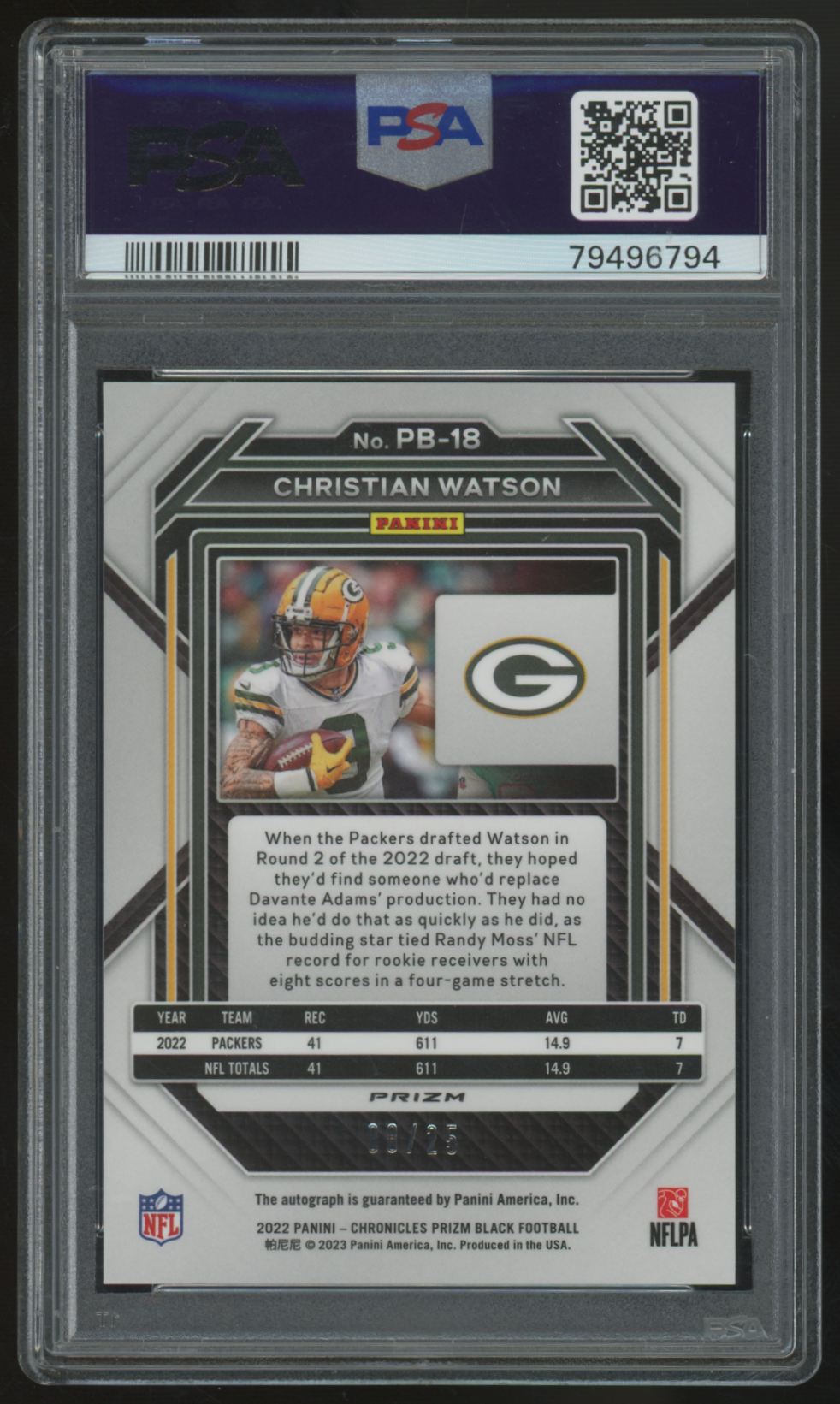 2022 Chronicles Prizm Black Christian Watson RC Blue Auto /25 #PB-18 PSA 8