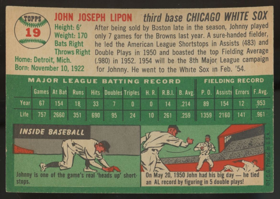 1954 Topps Johnny Lipon #19 NM