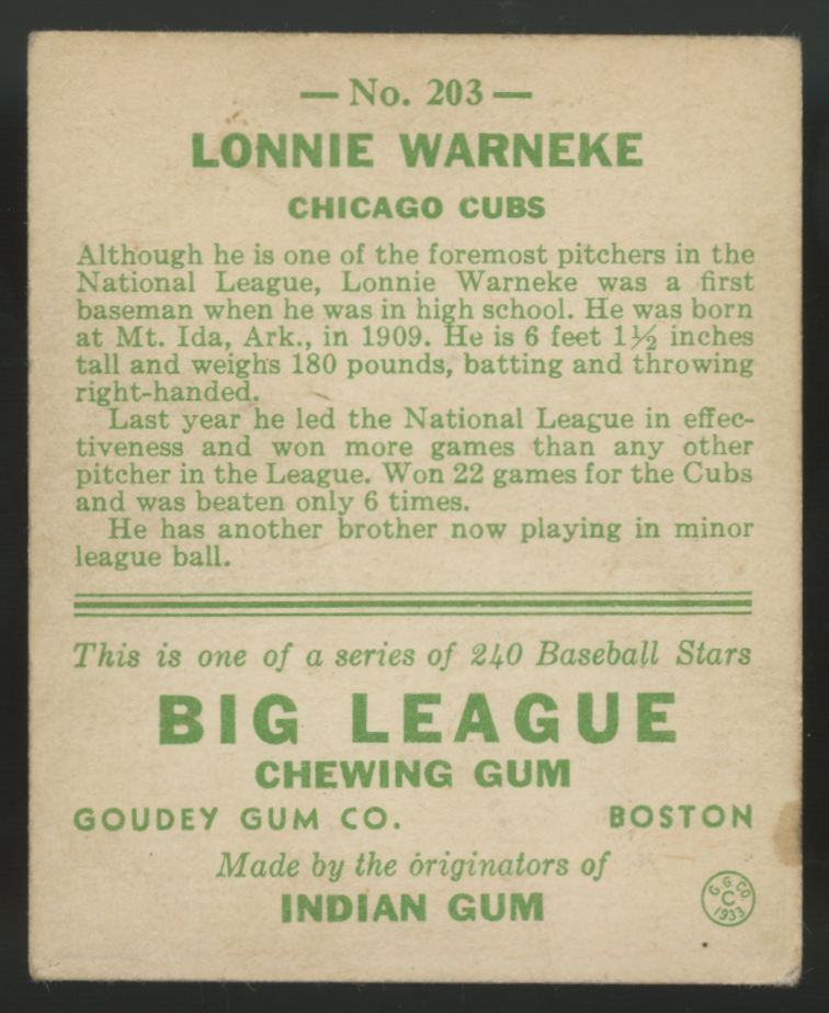 1933 Goudey Lonnie Warneke #203 VG "A"