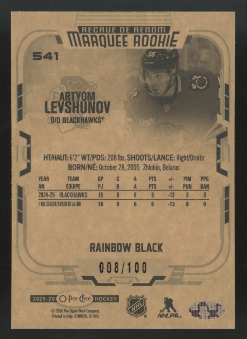 2025-26 O-Pee-Chee Artyom Levshunov RC Marquee Rookie Black Rainbow /100 #541
