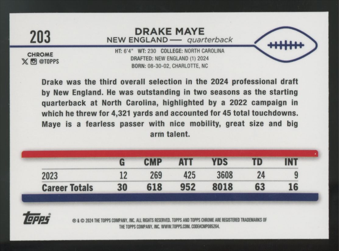 2024 Topps Chrome Drake Maye RC X-Fractor #203