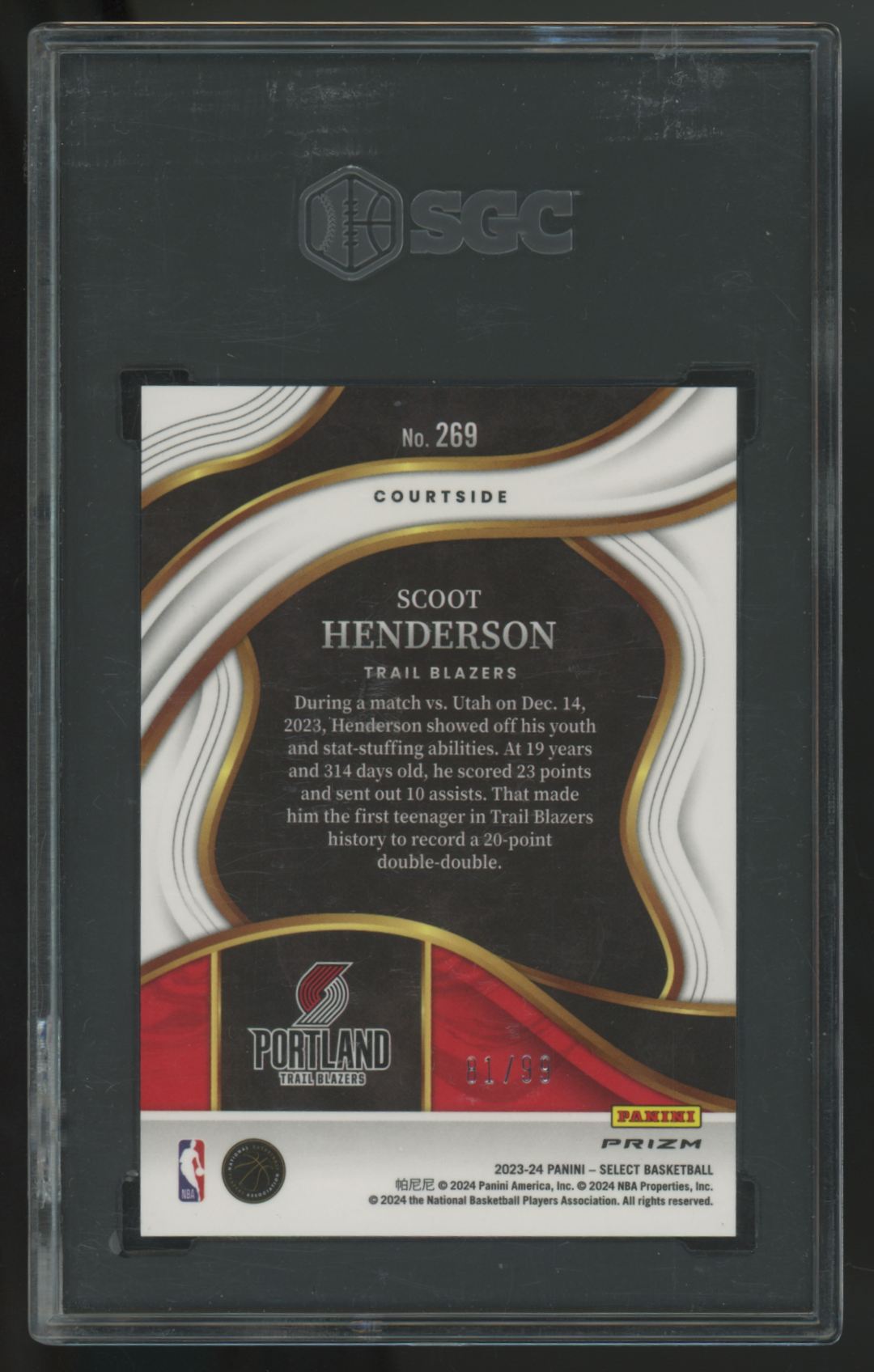 2023-24 Select Scoot Henderson RC Courtside Light Blue Disco /99 #269 SGC 10