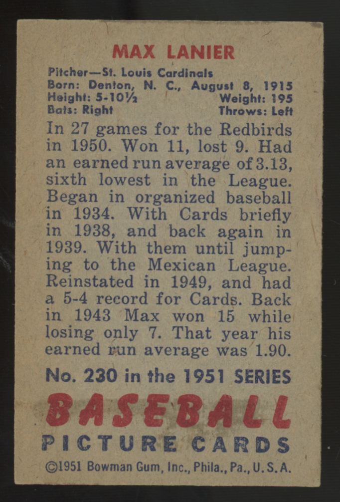 1951 Bowman Max Lanier #230 EX/MT