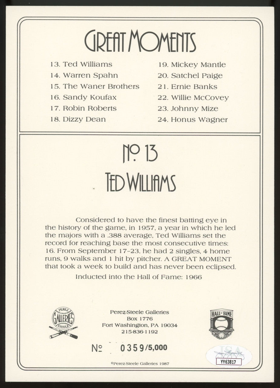 1987 Perez-Steele Ted Williams Turkey Red #13 Signed Auto JSA