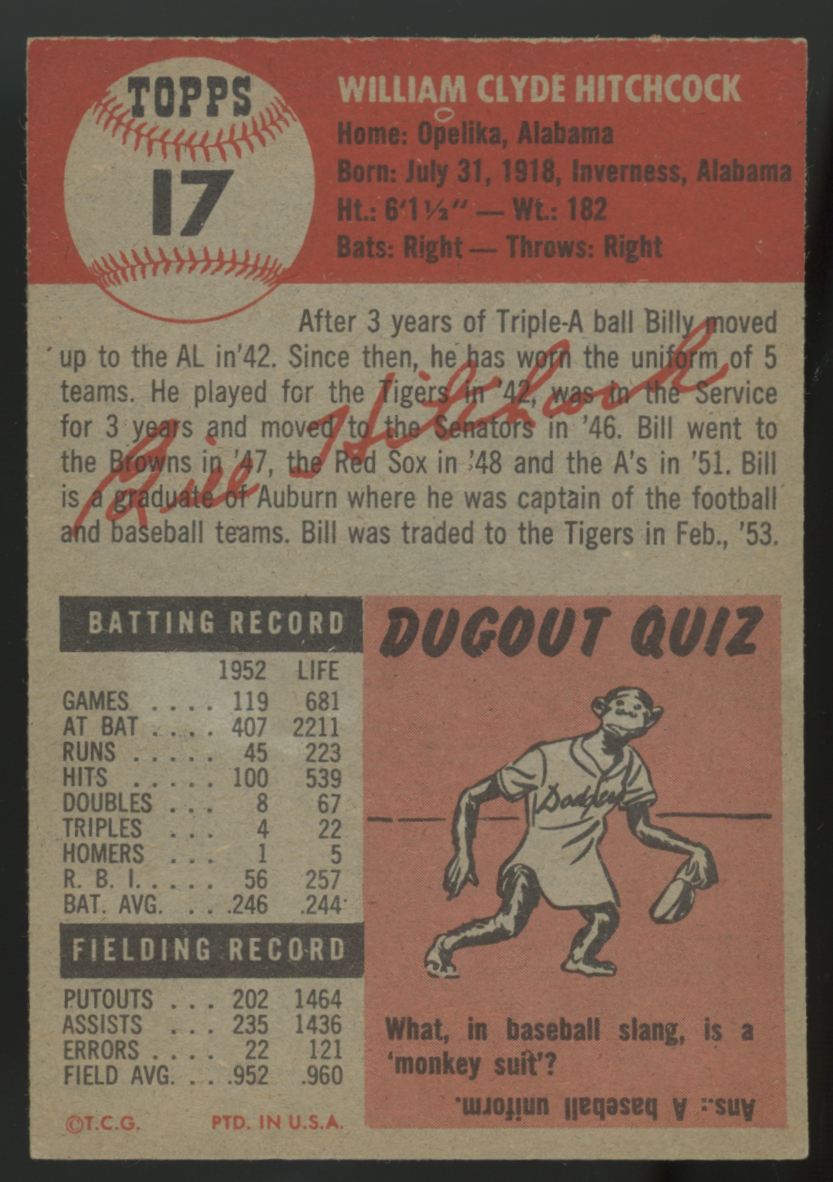 1953 Topps Billy Hitchcock #17 EX/MT