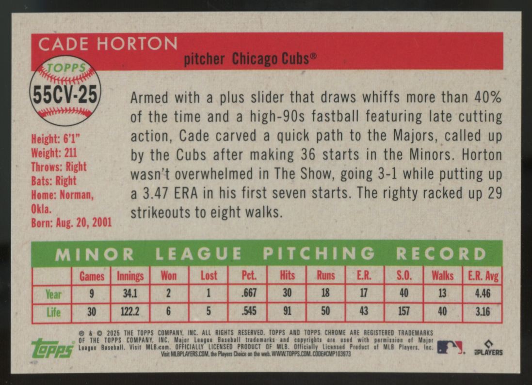 2025 Topps Chrome Platinum Anniversary Cade Horton RC City Variation #55CV-25