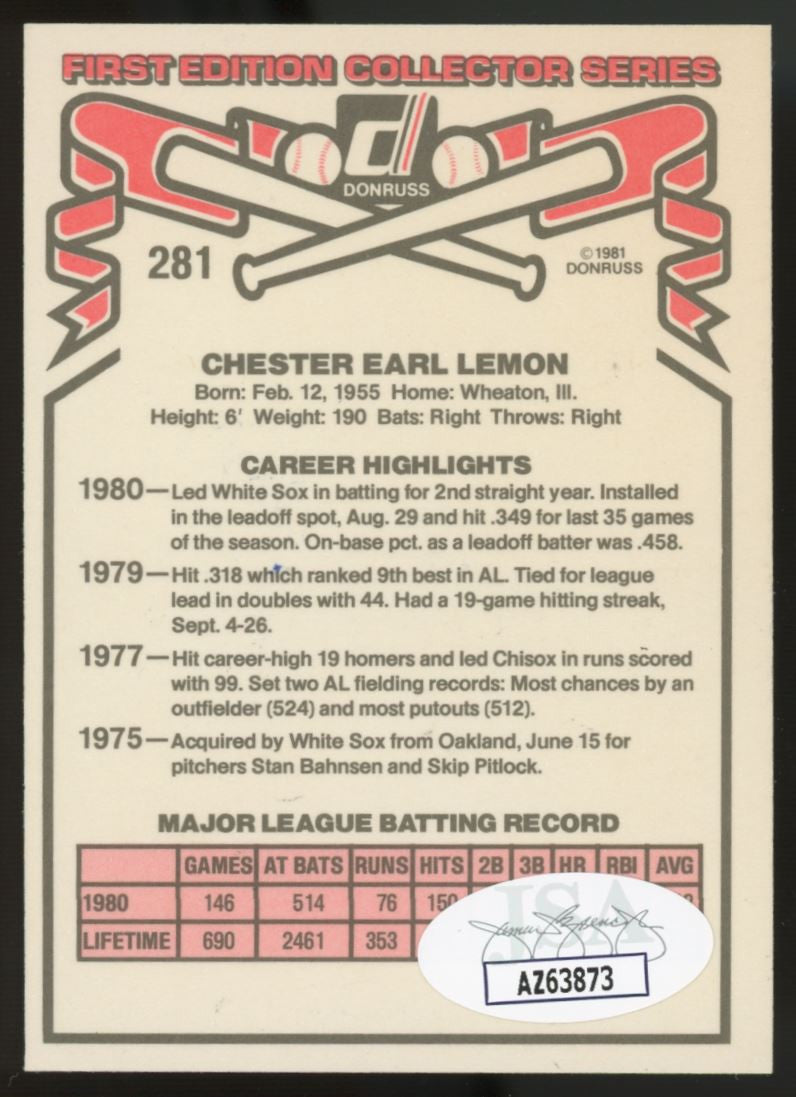 1981 Donruss Chet Lemon #281 Signed Auto JSA