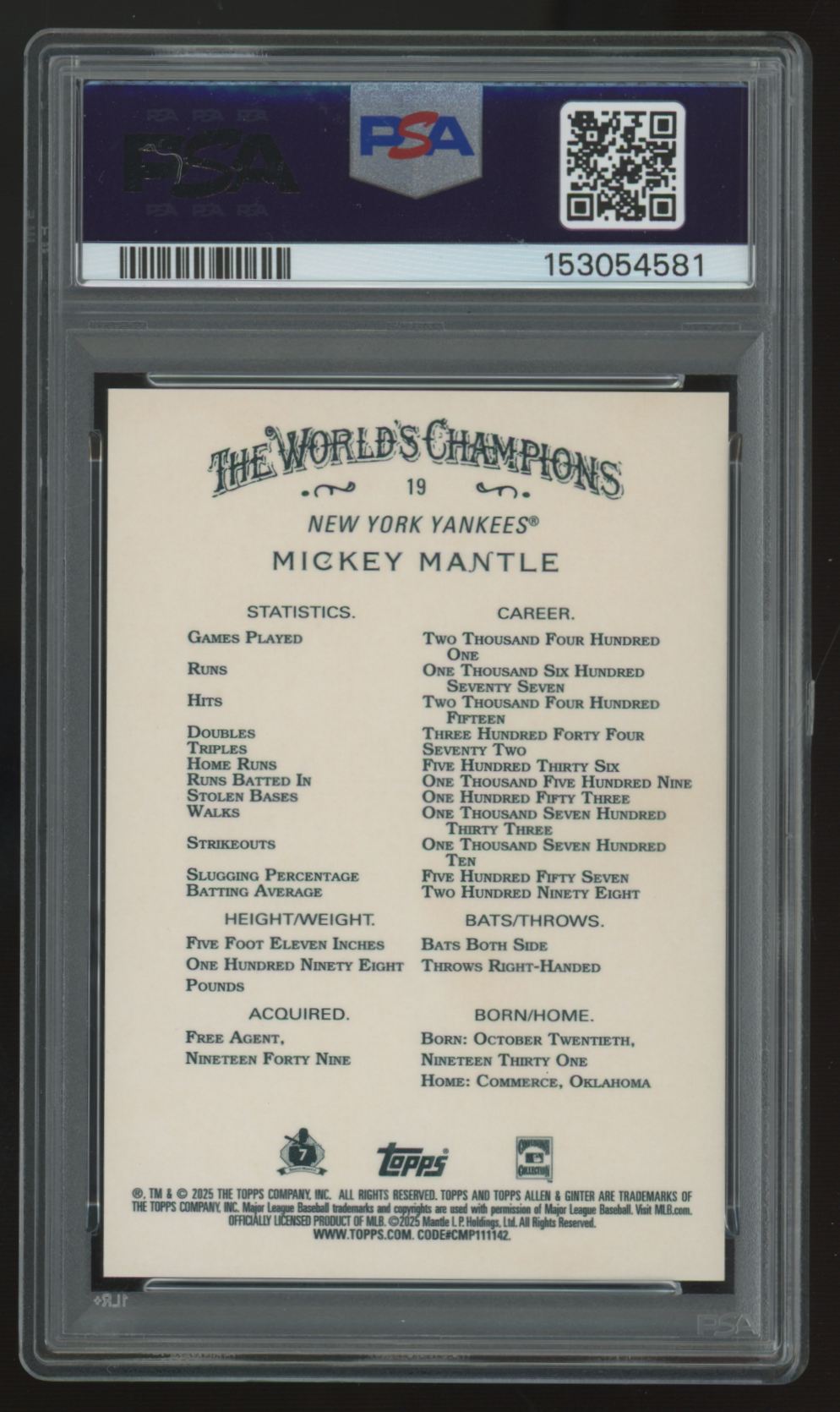 2025 Topps Allen & Ginter Mickey Mantle Chrome Gold Refractor /50 #19 PSA 10