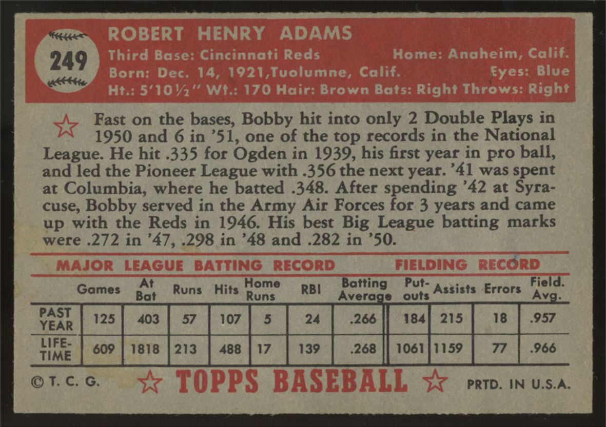 1952 Topps Bobby Adams #249 EX+