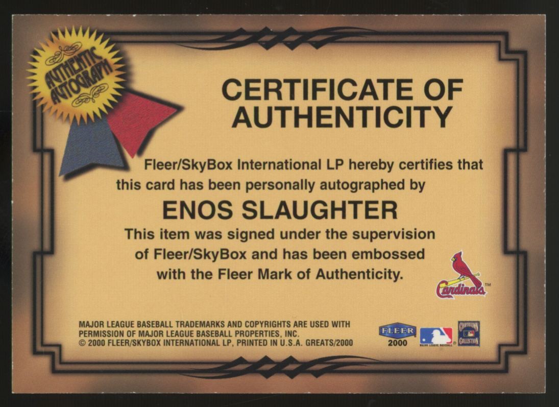 2000 Fleer Greats Of The Game Enos Slaughter Auto