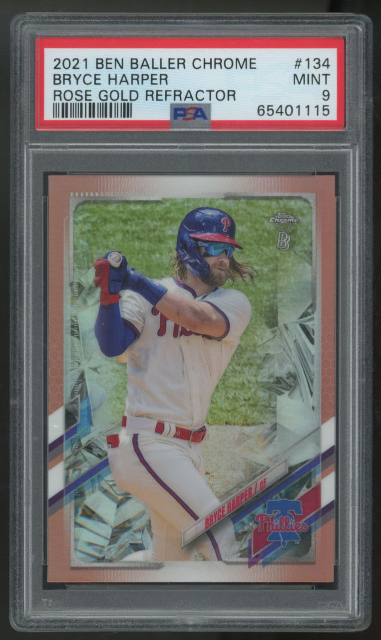 2021 Topps Chrome Ben Baller Bryce Harper Rose Gold Refractor /10 #134 PSA 9