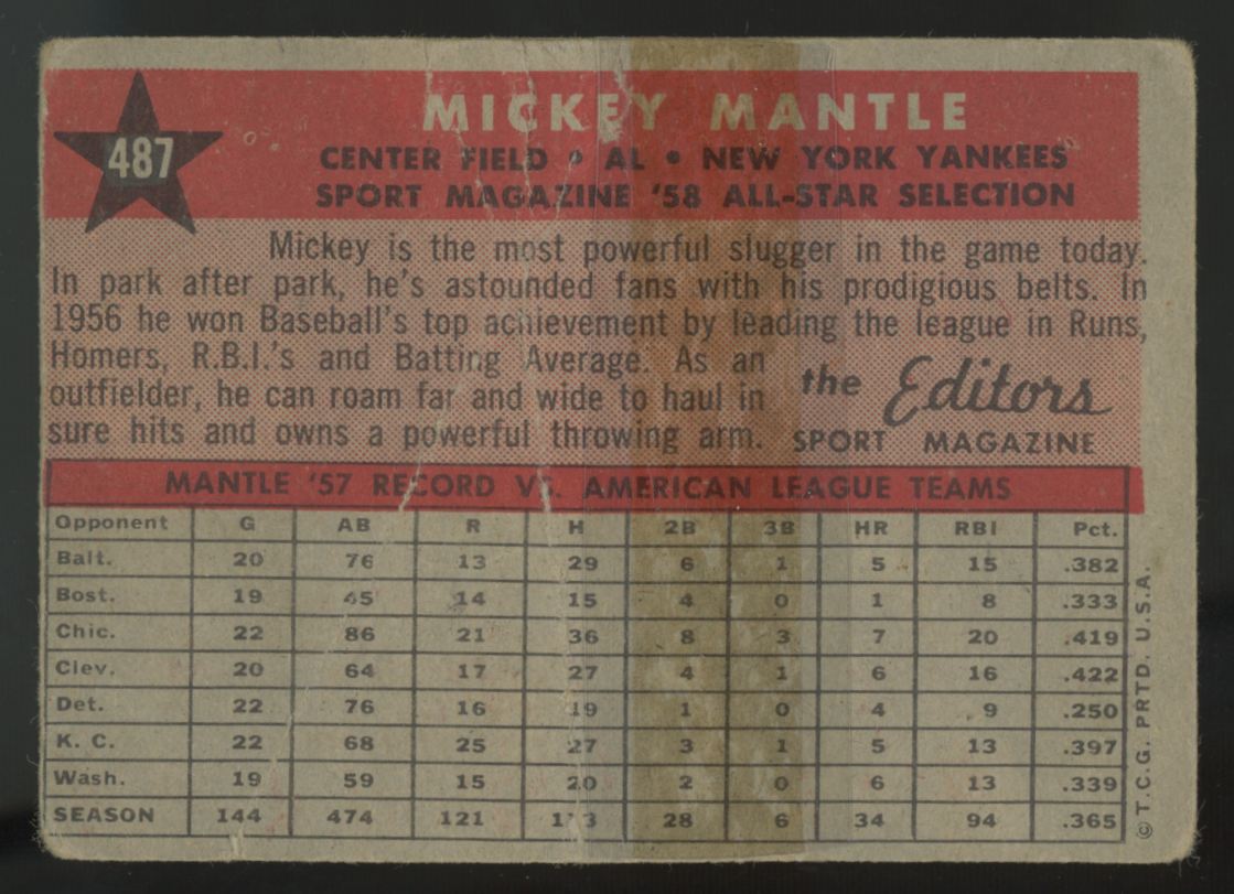 1958 Topps Mickey Mantle All Star #487 Poor