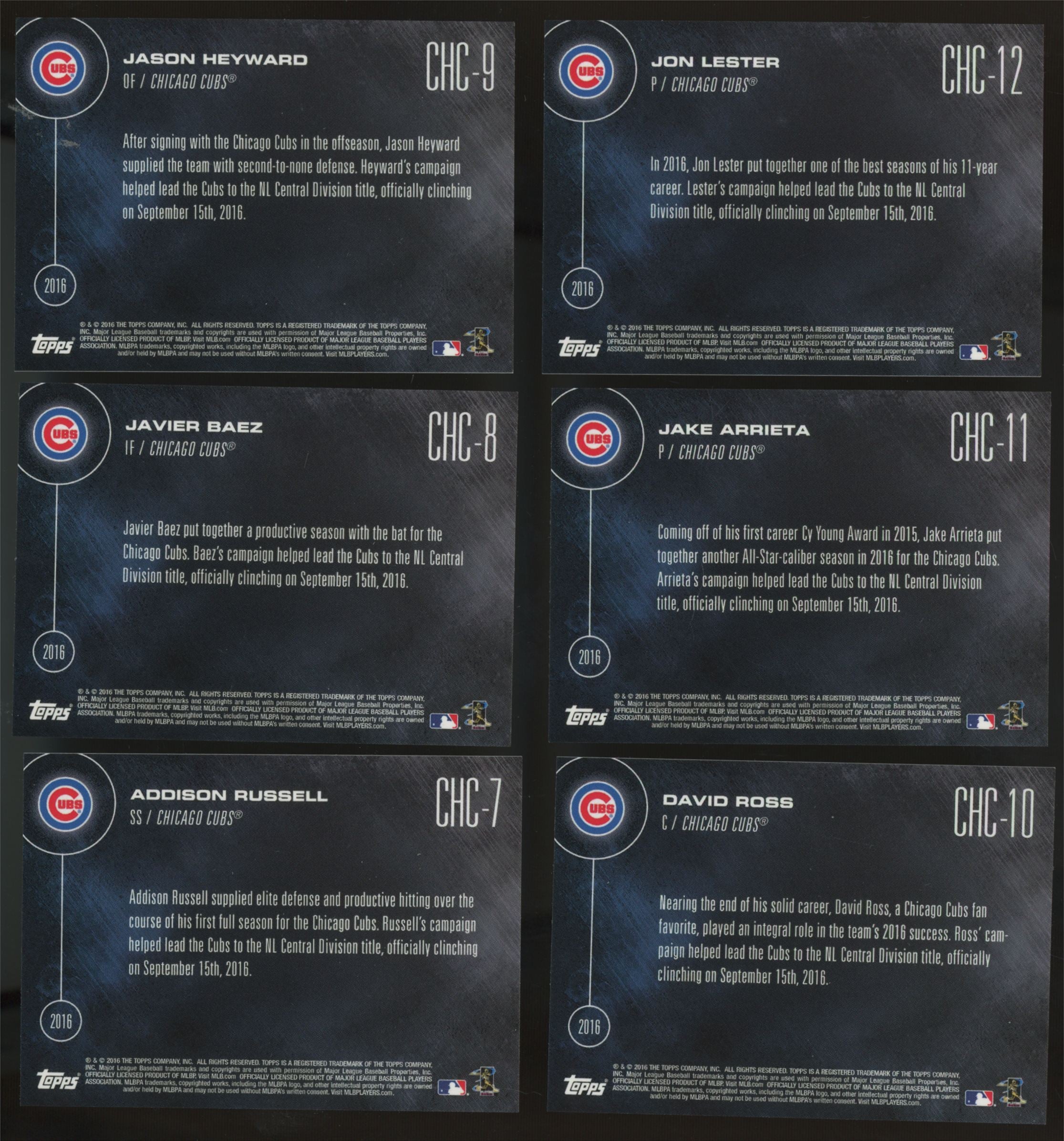 2016 Topps Now Chicago Cubs N.L. Central Champions Complete Set (15/15)