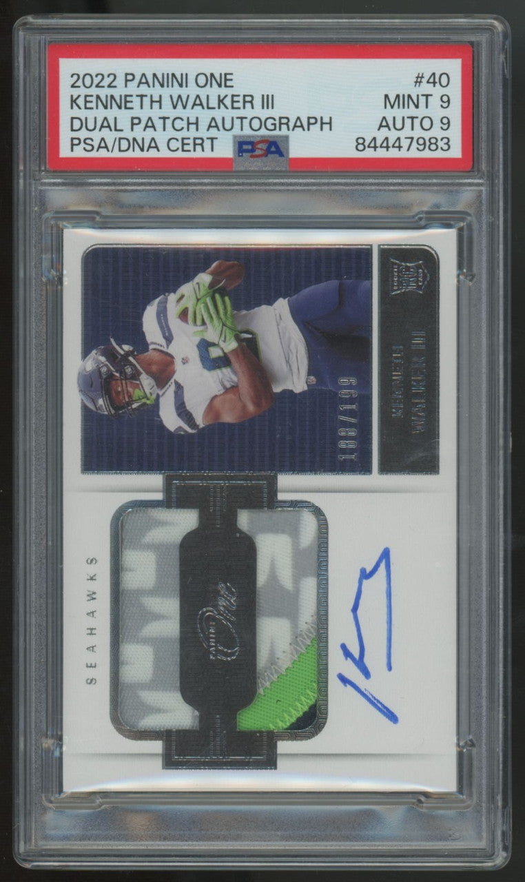 2022 Panini One Kenneth Walker III RC Dual Patch Auto RPA /199 #40 PSA 9 9