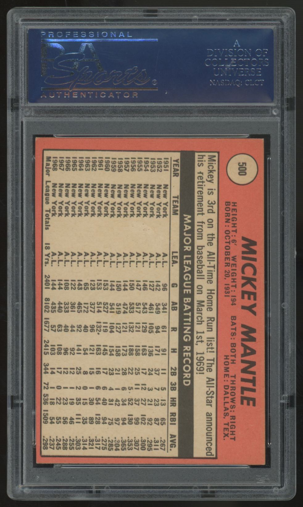 1969 Topps Mickey Mantle Last Name In Yellow #500 PSA 6 *947