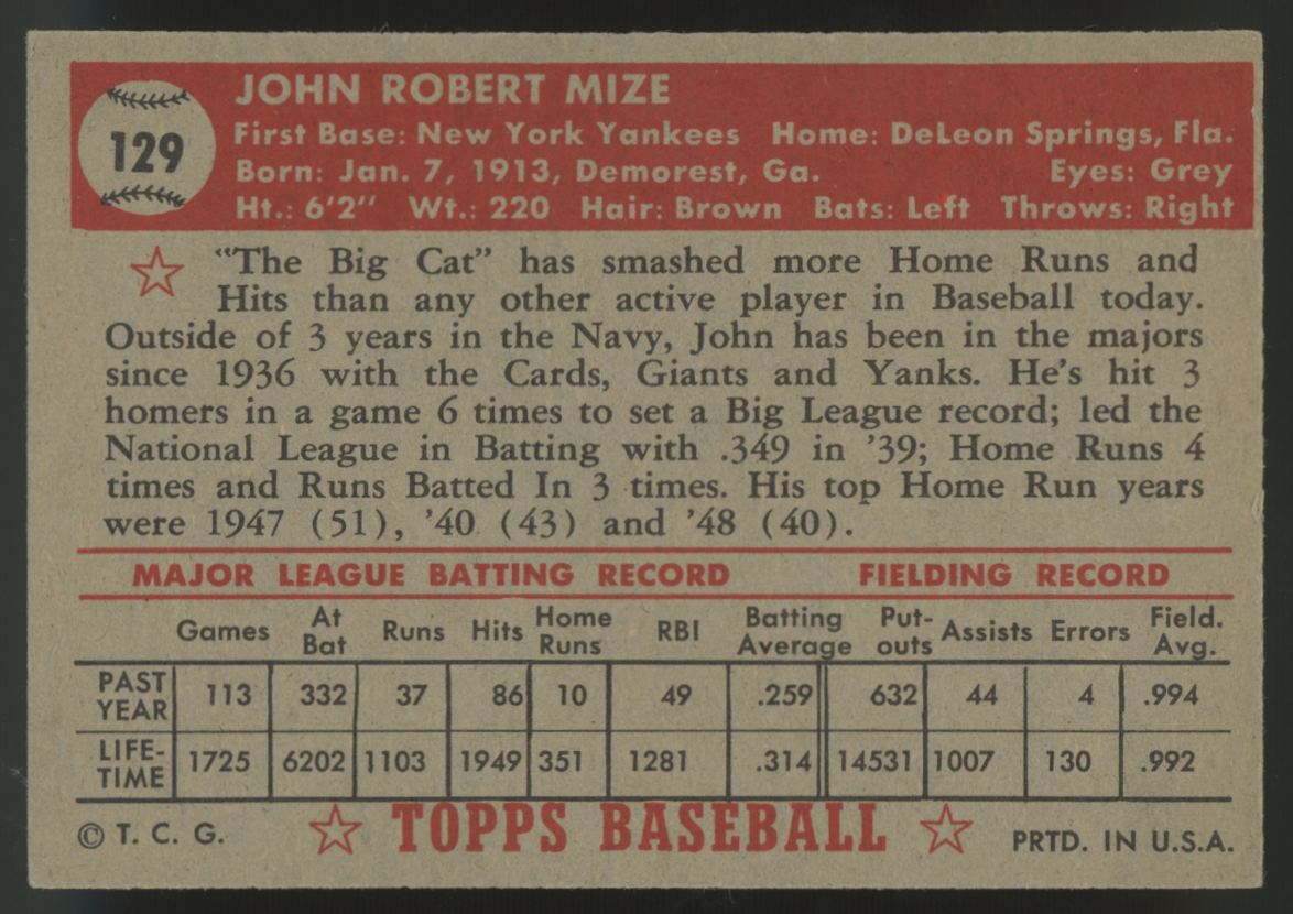 1952 Topps Johnny Mize Red Back #129 EX+ Centered