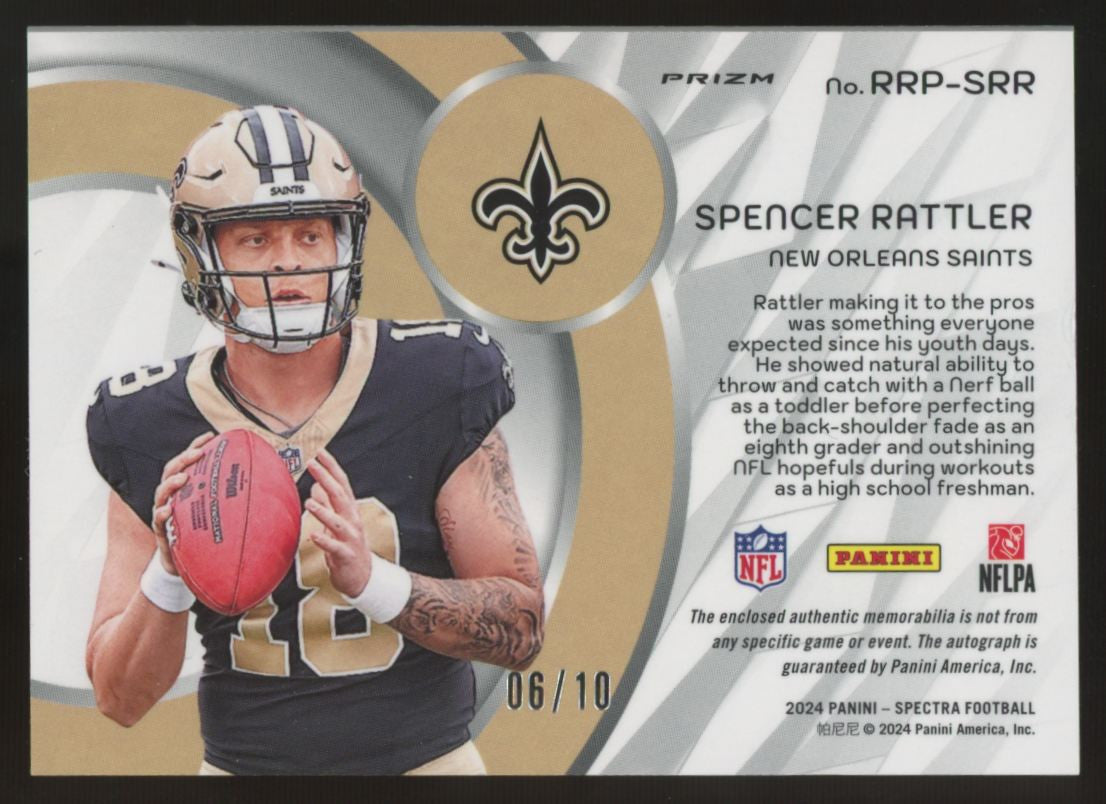 2024 Panini Spectra Spencer Rattler RC Meta Radiant Rookie Patch Auto RPA /10
