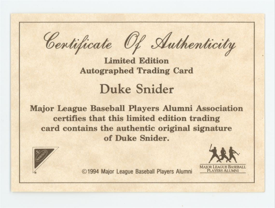 1994 Nabisco All-Star Legends Duke Snider Auto With COA "A"