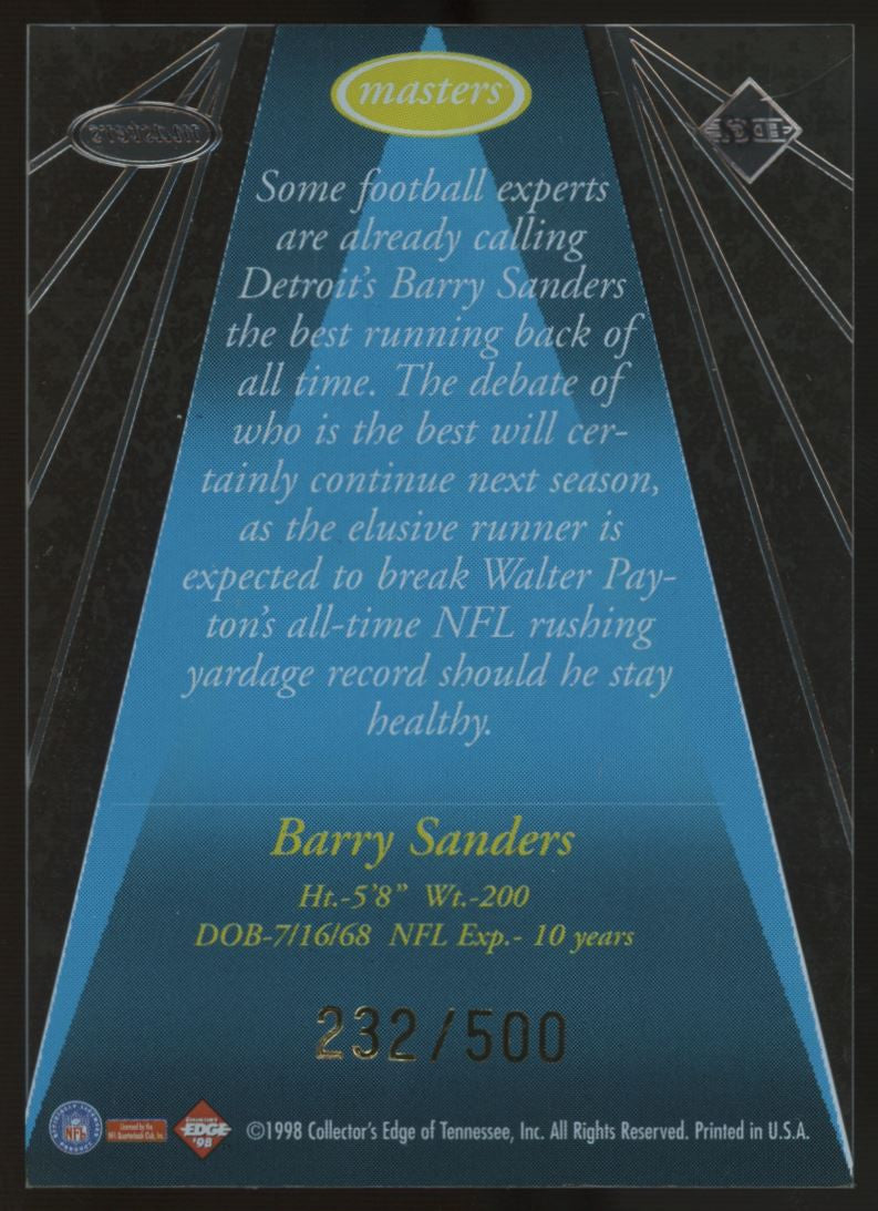 1998 Collector's Edge Barry Sanders Sentinels Masters /500 #S3
