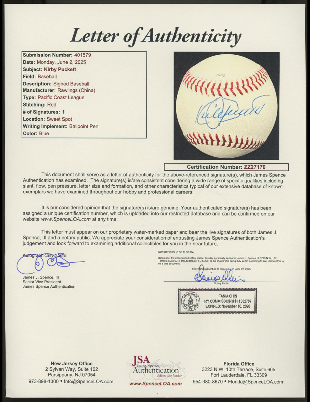 Kirby Puckett Signed Autographed Rawlings Official PCL Baseball JSA LOA