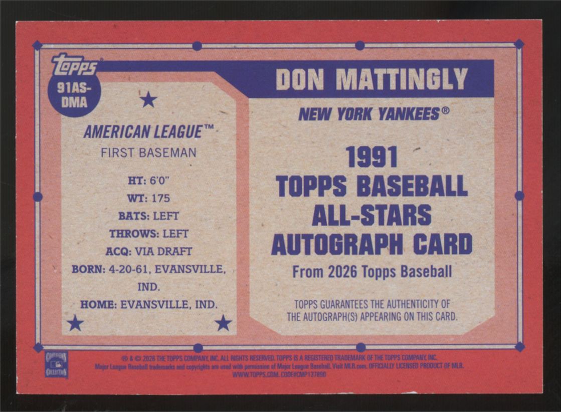 2026 Topps Don Mattingly 1988 All-Star Auto #91AS-DMA