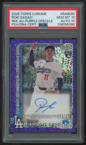 2025 Topps Chrome Roki Sasaki RC Purple Speckle Auto /299 #RA-ROKI PSA 10 10
