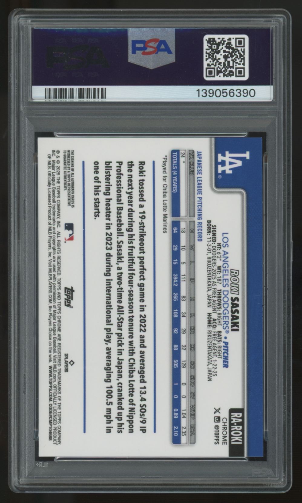 2025 Topps Chrome Roki Sasaki RC Purple Speckle Auto /299 #RA-ROKI PSA 10 10